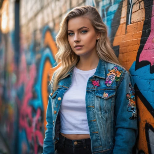 denim jacket,jean jacket,denim background,jeans background,denim,colorful background,portrait background,leather jacket,bolero jacket,floral background,portrait photography,denim jeans,jacket,beautiful young woman,brick wall background,denim bow,bluejeans,toronto,denim fabric,cool blonde,Photography,General,Fantasy