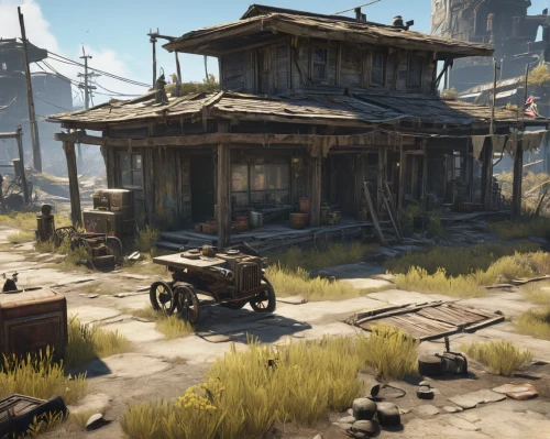 salvage yard,fallout4,wasteland,junkyard,farmstead,unhoused,croft,blockhouse,wild west,homestead,ship yard,bogart village,castle iron market,scrapyard,junk yard,settlement,shipyard,nomads,marketplace,tavern,Illustration,Japanese style,Japanese Style 17