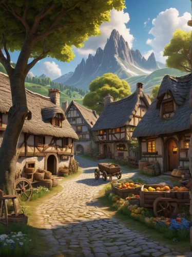 alpine village,mountain village,knight village,aurora village,tavern,medieval town,mountain settlement,hobbiton,wooden houses,druid grove,cobblestone,village life,marketplace,thatch,medieval street,pub,oktoberfest background,escher village,popeye village,villages,Art,Classical Oil Painting,Classical Oil Painting 25