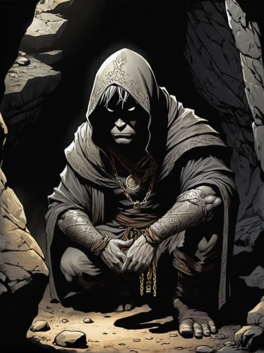 hooded man,doctor doom,cloak,assassin,cave man,primitive man,hooded,stone background,bandit theft,grimm reaper,massively multiplayer online role-playing game,friar,pawn,the wolf pit,magus,monk,guards of the canyon,runes,corvus,burial chamber,Illustration,American Style,American Style 13