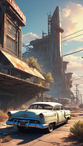 wasteland,route 66,route66,fallout4,junkyard,ford thunderbird,scrapyard,retro diner,auto repair shop,street canyon,ford starliner,car hop,ford galaxie,fallout,retro vehicle,salvage yard,buick electra,junk yard,rusty cars,automobile repair shop,Illustration,Retro,Retro 12