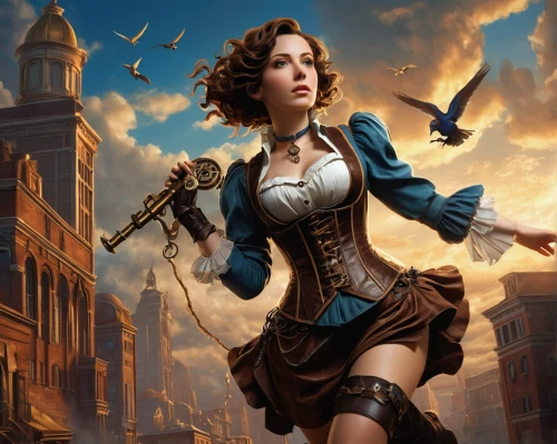 steampunk,fantasy art,massively multiplayer online role-playing game,fantasy picture,heroic fantasy,falconer,clockmaker,fantasy portrait,game illustration,girl with gun,airship,collectible card game,musketeer,girl in a historic way,steampunk gears,venetia,tower flintlock,transistor,girl with a gun,airships,Art,Classical Oil Painting,Classical Oil Painting 43