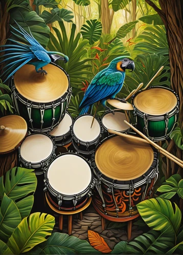 bongos,hand drums,bongo drum,african drums,maracatu,drumming,percussionist,percussion,tropical birds,samba band,percussions,samba deluxe,bird painting,djembe,surdo,kettledrums,jazz drum,hand drum,drum set,samba,Art,Classical Oil Painting,Classical Oil Painting 28