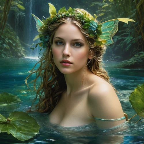 water nymph,faerie,dryad,faery,rusalka,fairy queen,fantasy picture,fantasy art,fantasy portrait,fae,the enchantress,the blonde in the river,merfolk,fairy,celtic woman,mystical portrait of a girl,emile vernon,aphrodite,poison ivy,enchanting,Conceptual Art,Fantasy,Fantasy 05