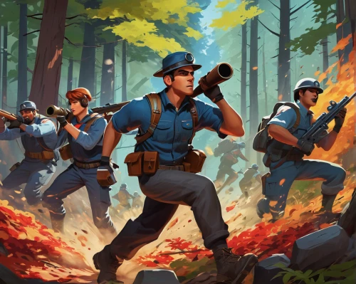 forest workers,police officers,officers,game illustration,policeman,troop,police work,police force,patrols,police,scouts,officer,water police,pines,cops,criminal police,patrol cars,scout,park ranger,law enforcement,Illustration,Retro,Retro 03