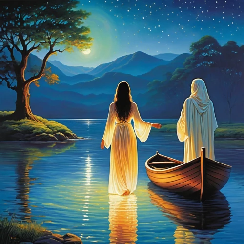 romantic scene,the night of kupala,fantasy picture,baptism of christ,oil painting on canvas,druids,adam and eve,lily of the nile,pilgrims,celtic woman,the annunciation,the mystical path,idyll,light bearer,night scene,romantic night,contemporary witnesses,the luv path,guiding light,honeymoon,Conceptual Art,Oil color,Oil Color 15