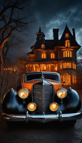 old halloween car,halloween car,the haunted house,haunted house,haunted castle,halloween travel trailer,ghost castle,antique car,buick eight,magic castle,buick special,vintage car,halloween scene,oldtimer car,vintage cars,packard caribbean,old car,haunted,buick super,ghost car,Photography,General,Fantasy