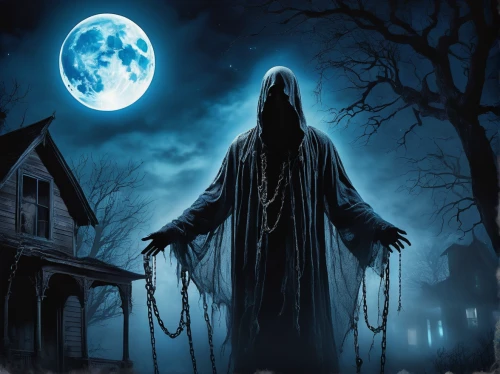 grimm reaper,grim reaper,the haunted house,blue moon,hooded man,halloween poster,haunt,sleepwalker,dance of death,halloween and horror,witch house,haunted house,scythe,halloween background,the witch,slender,hanging moon,skeleton key,wraith,halloween wallpaper,Illustration,Abstract Fantasy,Abstract Fantasy 03