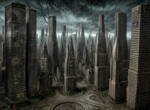 post-apocalyptic landscape,dystopian,apocalyptic,destroyed city,black city,post apocalyptic,dystopia,futuristic landscape,post-apocalypse,urbanization,doomsday,metropolis,fantasy city,sci fiction illustration,apocalypse,terraforming,urban development,tall buildings,sci fi,city scape