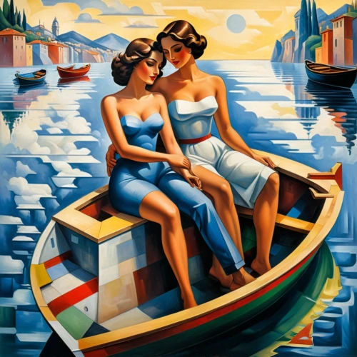 david bates,gondolier,regatta,gondolas,burano,vintage art,pedal boats,motor boat race,rowboats,honeymoon,oil painting on canvas,art deco,young couple,italian painter,venezia,portofino,vintage man and woman,roaring twenties couple,art deco woman,girl on the boat,Art,Artistic Painting,Artistic Painting 45