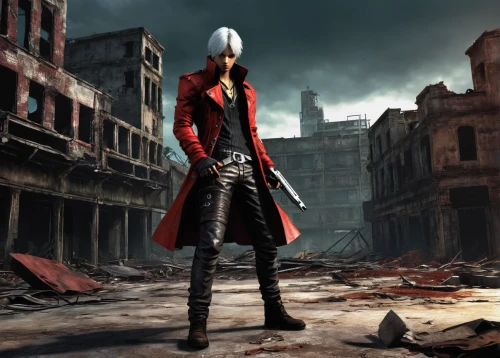 red coat,red hood,overcoat,trench coat,old coat,red riding hood,howl,black coat,long coat,nightingale,stalingrad,action-adventure game,apocalyptic,destroyed city,assassin,outer,android game,black city,lady in red,game art,Illustration,Realistic Fantasy,Realistic Fantasy 34