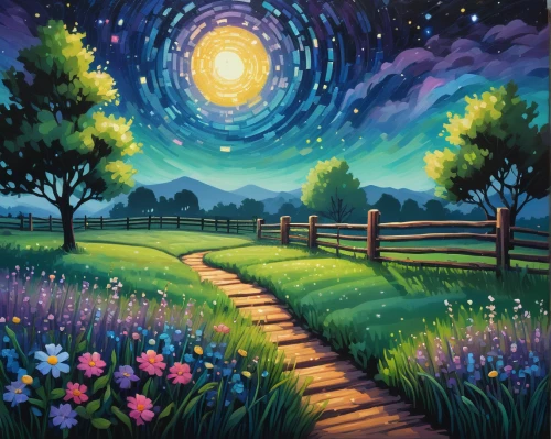 pathway,the mystical path,meadow landscape,purple landscape,meadow in pastel,home landscape,landscape background,springtime background,salt meadow landscape,blooming field,night scene,cosmos field,the path,art painting,oil painting on canvas,starry night,mushroom landscape,nature landscape,orchard meadow,dandelion meadow,Illustration,Vector,Vector 03