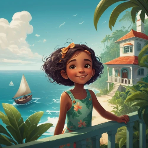 moana,tiana,maui,kids illustration,girl on the boat,polynesian girl,the caribbean,luau,hula,caribbean,little girl in wind,puerto rico,fiji,tropical sea,south pacific,honolulu,hawaii,candy island girl,island residents,summer day,Illustration,Abstract Fantasy,Abstract Fantasy 02