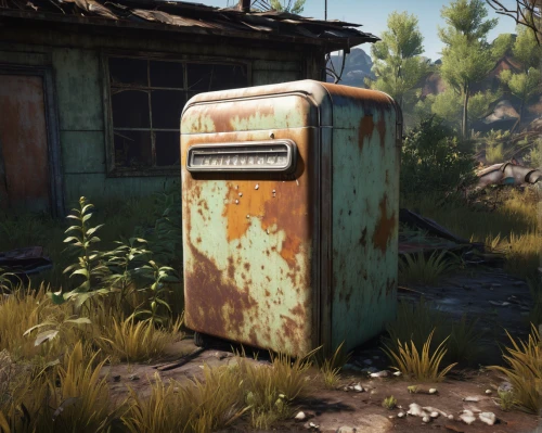 courier box,rust truck,metal rust,fallout4,refrigerator,soda machine,newspaper box,croft,salvage yard,old utility,rusting,fridge,fresh fallout,suitcase in field,rusted,cosmetics counter,small camper,junkyard,cash point,wasteland,Illustration,Japanese style,Japanese Style 20