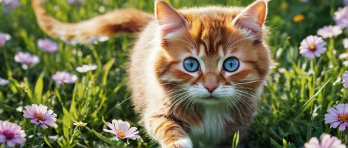 flower cat,ginger cat,blossom kitten,ginger kitten,red tabby,cute cat,british longhair cat,norwegian forest cat,breed cat,blue eyes cat,cat with blue eyes,chinese pastoral cat,feral cat,cattails,springtime background,cat image,american bobtail,spring background,turkish van,turkish angora,Illustration,American Style,American Style 10