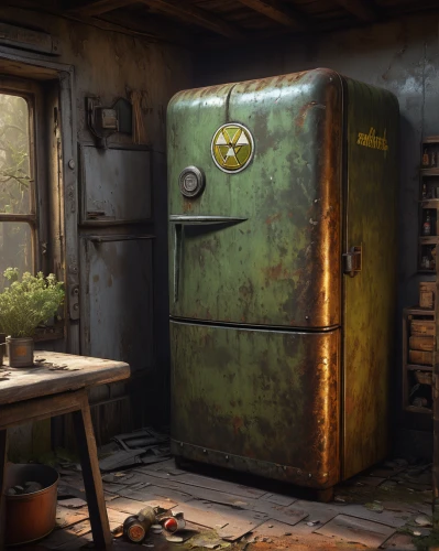 refrigerator,fridge,vintage kitchen,fallout shelter,fallout4,kitchenette,fridge lock,garden shed,rusty door,laundry room,the kitchen,shed,kitchen,fresh fallout,kitchen cart,wood stove,apothecary,courier box,chicken coop door,cupboard,Art,Classical Oil Painting,Classical Oil Painting 18