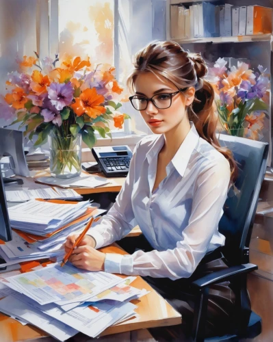 office worker,secretary,girl at the computer,receptionist,white-collar worker,girl studying,in a working environment,bussiness woman,place of work women,businesswoman,bookkeeper,administrator,night administrator,accountant,secretary desk,blur office background,office desk,business woman,modern office,office,Conceptual Art,Oil color,Oil Color 03