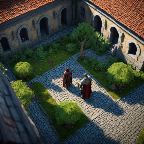 monastery garden,monastery,courtyard,medieval market,monks,castle iron market,cloister,terracotta tiles,medieval town,rome 2,isometric,3d render,templar castle,roman excavation,medieval,labyrinth,medieval street,roofs,house roofs,3d rendered,Art,Classical Oil Painting,Classical Oil Painting 13