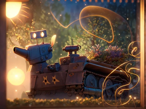 bastion,scrap collector,robot icon,robotics,clockmaker,music box,danbo,robotic,garden party,flowerbox,background bokeh,lawn ornament,astronomer,robot,scrap truck,cinema 4d,dusk background,minibot,road roller,robots,Anime,Anime,Cartoon