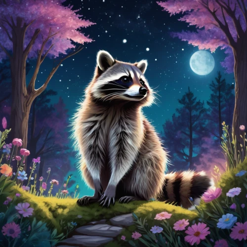 north american raccoon,raccoon,raccoons,rocket raccoon,raccoon dog,coatimundi,ring-tailed,mustelid,moonlit night,forest background,badger,springtime background,full moon,forest animal,the night of kupala,portrait background,fantasy picture,spring background,game illustration,children's background,Illustration,Black and White,Black and White 09