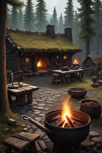 campfires,tavern,outdoor cooking,blackhouse,firepit,fireside,campsite,blacksmith,log fire,lodge,campground,fire bowl,hearth,fire pit,campfire,barbecue area,log home,camp fire,forge,rustic,Illustration,Realistic Fantasy,Realistic Fantasy 31