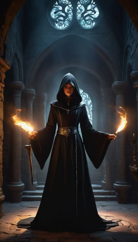 flickering flame,dodge warlock,archimandrite,candlemaker,the abbot of olib,candle wick,sorceress,cloak,magistrate,grimm reaper,benedictine,the nun,mage,magus,vax figure,black candle,fire master,fire artist,cauldron,priest,Illustration,Realistic Fantasy,Realistic Fantasy 06