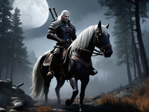 witcher,horseman,horseback,black horse,horse herder,man and horses,horse riders,a white horse,carpathian,white horse,fantasy picture,horsemen,cavalry,equestrian,endurance riding,joan of arc,assassin,alpha horse,horseback riding,bronze horseman,Illustration,American Style,American Style 09