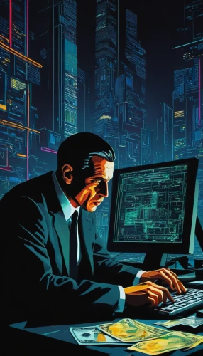 cyber crime,man with a computer,cyber security,cybercrime,cybersecurity,night administrator,hacking,anonymous hacker,hacker,cyber,cyberspace,information security,spy visual,data retention,cyber glasses,it security,sci fiction illustration,cryptography,darknet,wpap,Art,Artistic Painting,Artistic Painting 05