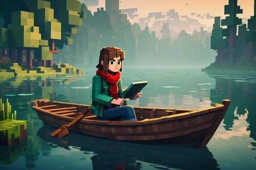 wander,rowboat,little boat,boat landscape,raft,paper boat,adrift,perched on a log,girl on the boat,adventurer,wooden boat,canoe,girl on the river,canoeing,low poly,fishing float,raft guide,villagers,low-poly,floating over lake,Unique,Pixel,Pixel 03