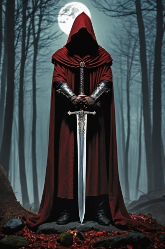 hooded man,red riding hood,red coat,scythe,little red riding hood,red,grimm reaper,cleanup,aaa,red cape,templar,on a red background,lone warrior,king sword,massively multiplayer online role-playing game,wall,red hood,red background,heroic fantasy,blood icon,Illustration,American Style,American Style 10