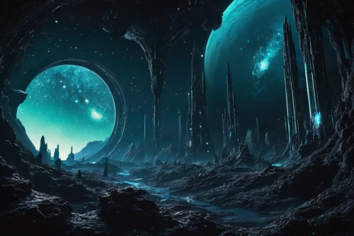 stargate,alien world,ice cave,alien planet,wormhole,ice planet,portals,blue cave,futuristic landscape,glacier cave,fantasy landscape,blue caves,the blue caves,sci fiction illustration,fractal environment,space art,portal,inner space,mandelbulb,fantasy picture,Illustration,Realistic Fantasy,Realistic Fantasy 46