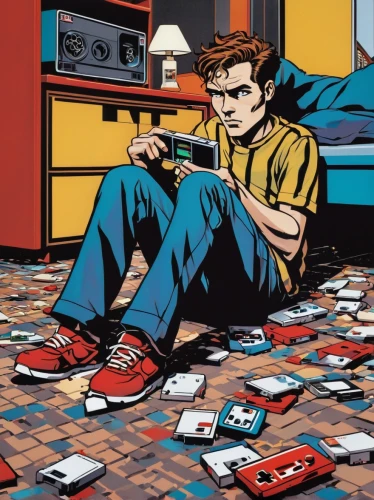 computer addiction,man with a computer,comic books,record store,cassette,cool pop art,microcassette,modern pop art,vinyl records,the record machine,cassettes,popart,cassette tape,high fidelity,musicassette,comic book,fifties records,answering machine,record player,pop art style,Art,Artistic Painting,Artistic Painting 01