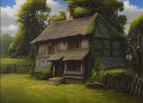 thatched cottage,little house,crooked house,small house,witch's house,lonely house,house in the forest,miniature house,home landscape,ancient house,country cottage,cottage,wooden house,summer cottage,traditional house,fairy house,tree house,wooden hut,fisherman's house,old house,Conceptual Art,Fantasy,Fantasy 13