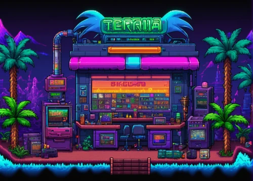 retro diner,neon coffee,beach bar,tropical house,neon cocktails,cabana,electric gas station,rosa cantina,neon drinks,beach restaurant,e-gas station,convenience store,pet shop,cinema strip,retro styled,store front,unique bar,80's design,music store,computer store,Conceptual Art,Sci-Fi,Sci-Fi 28