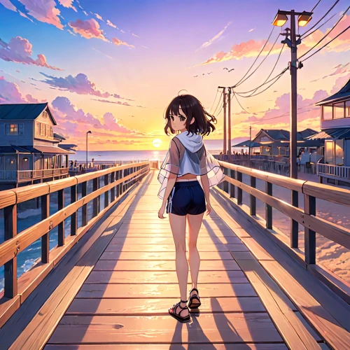 boardwalk,on the pier,azusa nakano k-on,yui hirasawa k-on,fishing pier,miku maekawa,beach walk,wooden pier,board walk,pier,beach background,seaside country,anime japanese clothing,seaside,sakura background,summer evening,honolulu,dusk background,summer background,japanese sakura background,Anime,Anime,Traditional