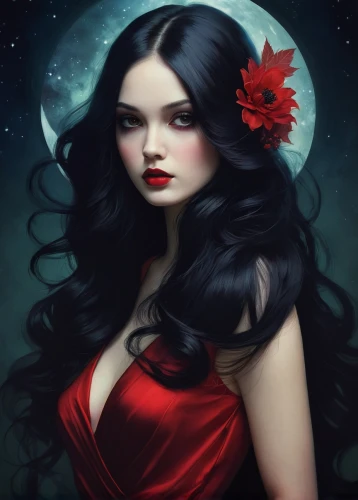 moonflower,vampire lady,vampire woman,queen of the night,black rose hip,blue moon rose,fantasy portrait,red rose,lady of the night,mystical portrait of a girl,queen of hearts,red roses,fantasy art,lady in red,blood moon,gothic woman,deadly nightshade,the enchantress,moonlit,scarlet witch,Illustration,Realistic Fantasy,Realistic Fantasy 15