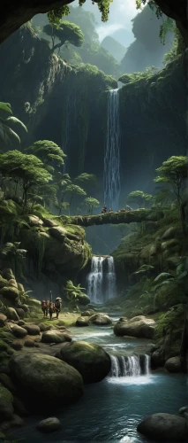 cartoon video game background,karst landscape,fantasy landscape,ash falls,green waterfall,landscape background,waterfalls,brown waterfall,rainforest,waterfall,rain forest,wasserfall,water falls,elven forest,an island far away landscape,backgrounds,ravine,monkey island,the natural scenery,fantasy picture,Illustration,Abstract Fantasy,Abstract Fantasy 01