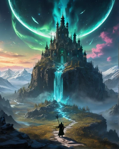 fantasy picture,fantasy landscape,heroic fantasy,fantasy art,knight's castle,fantasy world,castle of the corvin,3d fantasy,arcanum,fantasy city,northrend,fantasia,water castle,portal,castel,games of light,green aurora,ghost castle,castleguard,hall of the fallen,Illustration,Realistic Fantasy,Realistic Fantasy 43