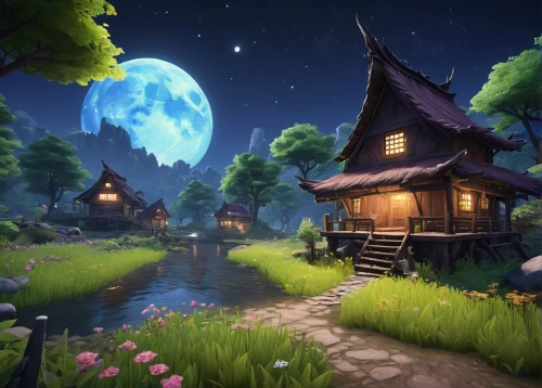 summer cottage,witch's house,fairy village,fairy house,little house,devilwood,home landscape,druid grove,moonlit night,house in the forest,collected game assets,wooden house,aurora village,beautiful home,lonely house,wooden houses,cottage,country cottage,fantasy landscape,moonlit,Illustration,Japanese style,Japanese Style 12