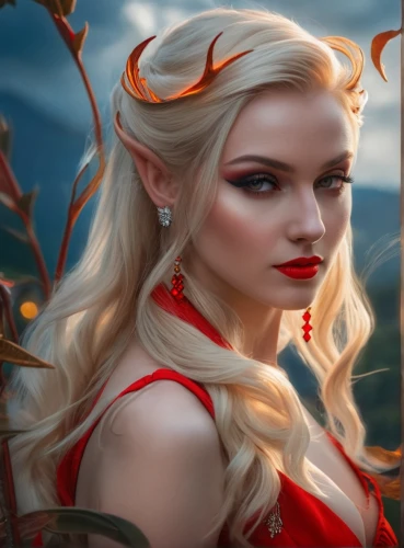 fantasy portrait,fantasy art,fantasy woman,fantasy picture,heroic fantasy,elven,male elf,celtic queen,lady in red,fairy tale character,fire siren,vampire woman,world digital painting,elves,violet head elf,fairy tale icons,the enchantress,fiery,fae,sorceress,Photography,General,Fantasy