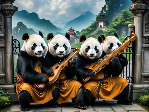pandas,chinese panda,monks,bamboo flute,panda,buddhists monks,pan flute,musicians,giant panda,traditional chinese musical instruments,hall of supreme harmony,orchestra,pandabear,musical ensemble,serenade,symphony orchestra,shaolin kung fu,harmony,orchesta,monkeys band,Photography,General,Fantasy