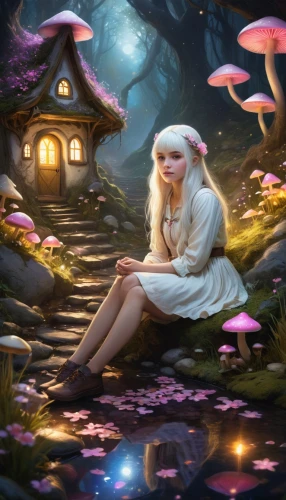 fairy village,wishing well,fantasy portrait,fantasy picture,fairy house,fae,fairy world,fairy tale character,mushroom landscape,fairy forest,world digital painting,fairy galaxy,digital painting,dream world,fairy tale,children's fairy tale,fairytale characters,wonderland,girl in the garden,the blonde in the river,Conceptual Art,Fantasy,Fantasy 11