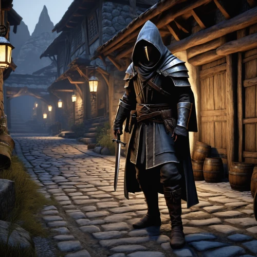 apothecary,witcher,medieval street,blacksmith,knight village,hooded man,merchant,tavern,lamplighter,massively multiplayer online role-playing game,assassin,templar,candlemaker,blackhouse,the wanderer,tinsmith,vendor,medieval,cobblestone,medieval town,Photography,Documentary Photography,Documentary Photography 31