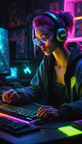 girl at the computer,cyberpunk,night administrator,lan,cyber,dj,computer freak,computer addiction,computer game,music background,computer,operator,gamer,hacking,coder,world digital painting,neon,computer games,neon light,computer art,Conceptual Art,Daily,Daily 22