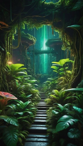 cartoon video game background,druid grove,fantasy landscape,elven forest,the mystical path,mushroom landscape,fairy forest,fantasy picture,tunnel of plants,forest path,enchanted forest,fairy world,fairy village,rainforest,pathway,underground lake,green forest,forest of dreams,the forest,world digital painting,Photography,General,Sci-Fi