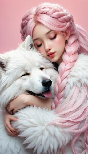 samoyed,girl with dog,white shepherd,japanese spitz,the dog a hug,canine rose,human and animal,tenderness,white dog,companion dog,berger blanc suisse,fantasy picture,soft pastel,fantasy portrait,sleeping rose,borzoi,rose quartz,american eskimo dog,dog angel,kuvasz,Conceptual Art,Fantasy,Fantasy 03