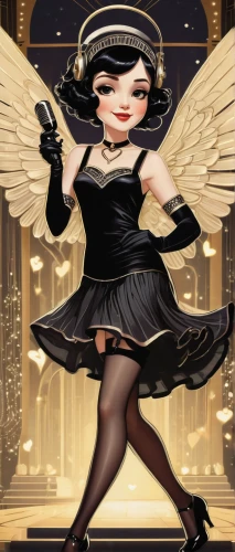 flapper,business angel,art deco woman,black angel,vintage angel,art deco background,dita,art deco,roaring twenties,roaring 20's,dark angel,baroque angel,showgirl,stewardess,vesper,flight attendant,angel girl,neo-burlesque,flapper shoes,fashionista from the 20s,Illustration,Black and White,Black and White 21