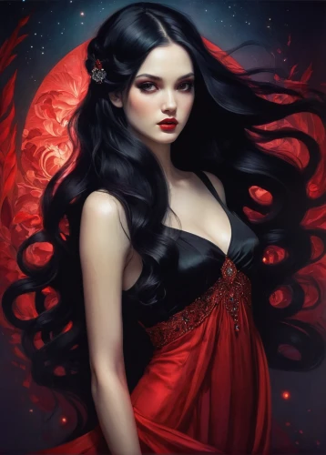 vampire woman,vampire lady,fantasy portrait,red gown,fantasy art,lady in red,scarlet witch,queen of hearts,gothic portrait,red rose,gothic woman,black rose hip,red,red riding hood,vampire,mystical portrait of a girl,crimson,fire red eyes,fantasy woman,siren,Illustration,Realistic Fantasy,Realistic Fantasy 15