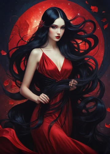 vampire woman,vampire lady,scarlet witch,lady in red,blood moon,red gown,sorceress,red lantern,fantasy portrait,fantasy art,the enchantress,fire red eyes,rusalka,crimson,queen of hearts,red,black rose hip,red riding hood,red rose,zodiac sign libra,Illustration,Realistic Fantasy,Realistic Fantasy 15