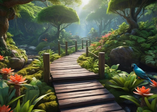 pathway,wooden path,forest path,the mystical path,hiking path,tropical jungle,wooden bridge,tree top path,tropical bloom,walkway,rainforest,fairy forest,the path,jungle,ravine,scenic bridge,flooded pathway,tunnel of plants,tropics,garden of eden,Illustration,Paper based,Paper Based 15